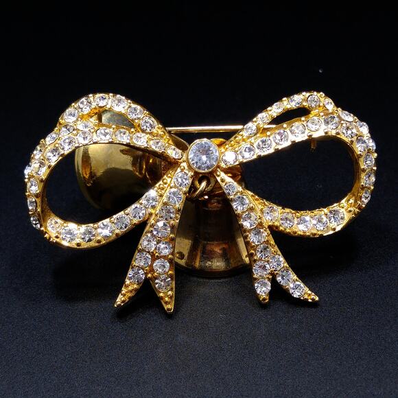 Vintage Monet Christmas Rhinestone Bell Brooch, Gold Tone, Two Bells, 1960s - Picture 10 of 10